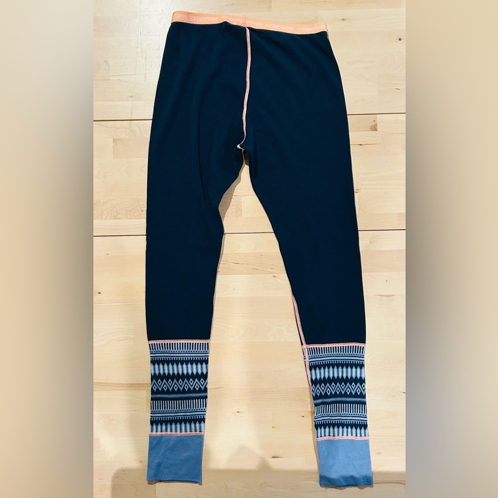 Kari Traa 100% Wool Thermal Baselayer Leggings Navy Fair Isle Size Large - Picture 2 of 3